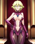  5ht ass_visible_through_thighs bare_shoulders blonde_hair blue_eyes bodysuit breasts cameltoe carol_malus_dienheim claws elbow_gloves gloves hand_on_hip highres large_breasts mole mole_under_eye multicolored multicolored_eyes narrowed_eyes navel older open_mouth purple_bodysuit purple_eyes senki_zesshou_symphogear short_hair skin_tight smile solo spoilers standing thigh_gap throne wide_hips 