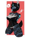 &lt;3 anthro blush canine clothing collar corset dotsfa fangs female hands_behind_back mammal nipple_bulge no_underwear open_mouth simple_background smile solo teeth thick_thighs tongue tongue_out 