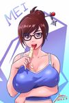  2016 bare_shoulders beads blue_shirt breast_hold breast_press breast_rest breasts brown_eyes brown_hair character_name cleavage collarbone covered_nipples dated food glasses hair_bun hair_ornament hair_stick ice_cream large_breasts lipstick looking_at_viewer makeup mei_(overwatch) open_mouth overwatch pink_lips shirt short_hair signature smile solo tank_top tongue tongue_out upper_body x85219960 