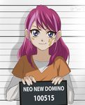  alternate_hairstyle blue_eyes facial_mark height_chart hiiragi_yuzu holding holding_sign mugshot official_style pink_hair placard prison_clothes sasha_gladysh sign smile solo upper_body yuu-gi-ou yuu-gi-ou_arc-v 