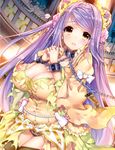  bangs breasts chain chained cleavage double_bun dress hands_together highres kaguyuzu kill_time_communication large_breasts long_hair long_sleeves nipples original parted_lips purple_hair solo_focus source_request sweat swept_bangs tears torn_clothes torn_dress yellow_eyes 