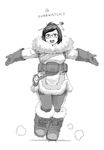  :d beads belt belt_pouch black-framed_eyewear blush boots breasts canteen coat copyright_name full_body fur_coat fur_trim glasses gloves greyscale hair_bun hair_ornament hair_stick highres large_breasts looking_at_viewer mei_(overwatch) monochrome open_mouth outstretched_arms overwatch parka pouch puyo short_hair simple_background smile solo spiked_boots spikes spread_arms standing teeth white_background winter_clothes winter_coat 