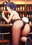 1girl animal_ears ass back bangs bar bare_shoulders black_footwear black_hair black_leotard blush bottle breasts bunny_ears bunny_girl bunny_tail bunnysuit cocktail_glass commentary_request cup detached_collar drinking_glass earrings fake_animal_ears fishnet_pantyhose fishnets hayami_kanade high_heels highres idolmaster idolmaster_cinderella_girls indoors jewelry large_breasts leotard lips looking_at_viewer looking_back nail_polish nazu-na pantyhose parted_bangs parted_lips pink_nails short_hair smile solo strapless strapless_leotard tail wrist_cuffs yellow_eyes 