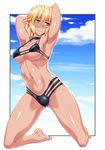  armpits arms_behind_head barefoot bikini black_bikini blonde_hair blue_sky breasts choker cloud day full_body green_eyes highres kneeling medium_breasts mizuhashi_parsee multi-strapped_bikini navel ootsuki_wataru outside_border short_hair sky solo strap_gap swimsuit tan thighs touhou underboob 