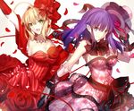  ahoge armpits bare_shoulders blonde_hair bow breasts choker cleavage earrings elbow_gloves fate/extra fate/stay_night fate_(series) flower gloves green_eyes hair_ornament hat idol_emperor jewelry large_breasts long_hair matou_sakura md5_mismatch microphone multiple_girls necklace nero_claudius_(fate) nero_claudius_(fate)_(all) open_mouth pearl_necklace purple_eyes purple_hair ribbon rose shinooji short_hair skirt 