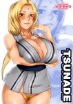  areolae bare_arms bare_shoulders blonde_hair bottomless breast_hold breasts brown_eyes character_name cowboy_shot curvy embarrassed facial_mark highres huge_breasts large_areolae legs long_hair looking_at_viewer naruto no_panties pubic_hair pussy sakuradou shiny shiny_hair shiny_skin simple_background sleeveless solo standing thighs tsunade twintails uncensored 