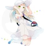  bag blonde_hair blush braid closed_mouth dress duffel_bag green_eyes hand_on_headwear hat highres kaneko_aaru kneehighs leg_up lillie_(pokemon) long_hair pokemon pokemon_(game) pokemon_sm shoes sleeveless sleeveless_dress solo sun_hat sundress twin_braids white_background white_dress white_legwear 