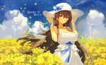  bangs bare_shoulders blue_bow blue_ribbon blue_sky blush bow breasts brown_hair cleavage cloud cowboy_shot day dress field floating_hair flower flower_field frilled_dress frills grin hair_between_eyes hands_on_headwear hands_up happy hat hat_bow kishiyo large_breasts long_hair looking_at_viewer md5_mismatch nature orange_eyes original petals revision ribbon sidelocks sky sleeveless sleeveless_dress smile solo standing sun_hat sundress taut_clothes very_long_hair white_dress wind wind_turbine windmill wristband 