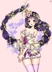 :d absurdly_long_hair bad_id bad_pixiv_id bangs bare_shoulders blue_eyes blush braid breasts center_frills cleavage cowboy_shot crown floating_hair floral_print flower frilled_shorts frills gambe hair_flower hair_ornament hair_vines highres large_breasts leaf long_hair looking_at_viewer love_live! love_live!_school_idol_project nail_polish off_shoulder open_mouth own_hands_together pink_background pink_flower plant puffy_sleeves purple_hair purple_legwear purple_nails revision shorts signature silhouette single_braid skindentation sleeves_past_elbows smile solo swept_bangs textless thigh_gap toujou_nozomi v_arms very_long_hair vines white_shorts 