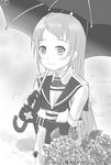  absurdres bangs bare_shoulders blush elbow_gloves flower gloves greyscale highres hydrangea kantai_collection leaf long_hair mae_(maesanpicture) monochrome neckerchief numbered puddle sailor_collar samidare_(kantai_collection) sleeveless smile solo swept_bangs twitter_username umbrella 