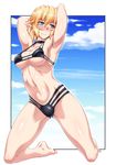  armpits arms_behind_head barefoot bikini black_bikini blonde_hair blue_sky breasts choker cloud day full_body green_eyes highres kneeling medium_breasts mizuhashi_parsee multi-strapped_bikini navel ootsuki_wataru outside_border short_hair sky solo strap_gap swimsuit thighs touhou underboob 