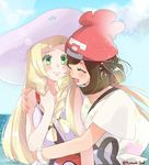  blonde_hair blush brown_hair closed_eyes hat hug hug_from_behind lillie_(pokemon) mizuki_(pokemon) multiple_girls open_mouth pokemon pokemon_(game) pokemon_sm sun_hat yu_(r_you_orenoyome) yuri 