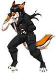  2016 anthro belt black_claws black_fur black_hair black_nose canine claws clothed clothing english_text fur furgonomics hair half-closed_eyes kamikaze_otium knife long_hair male mammal multicolored_fur myloveless orange_eyes orange_fur signature simple_background smile solo teeth text tight_clothing toe_claws white_background white_fur 