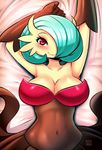  alternate_color breasts cleavage commentary covered_navel gardevoir gen_3_pokemon green_hair kenron_toqueen large_breasts looking_at_viewer lying mega_gardevoir mega_pokemon navel on_back pokemon pokemon_(creature) pokemon_(game) red_eyes shiny_pokemon solo stomach 