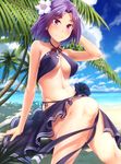  arm_at_side arm_support bangs bare_shoulders beach bikini black_flower black_rose blue_sky blurry blush bow breasts cleavage closed_mouth cloud covered_nipples day depth_of_field eyebrows eyebrows_visible_through_hair flower groin hair_ornament hand_on_own_head hibiscus in_tree kantai_collection looking_at_viewer medium_breasts mole mole_under_eye motomatsu_naoki navel ocean outdoors palm_tree parted_bangs pink_eyes purple_bikini purple_eyes purple_hair red_bow red_ribbon revision ribbon rose sand sarong shade short_hair side-tie_bikini sitting sky solo stomach summer swimsuit tatsuta_(kantai_collection) tree tree_shade tropical underboob white_flower 