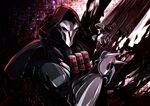  ammunition black_gloves black_jacket coat darkness dual_wielding gauntlets gloves gun handgun holding holding_weapon hood hooded_jacket jacket kuro_nasu male_focus mask overwatch reaper_(overwatch) solo spiked_gauntlets trench_coat upper_body weapon 