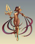  aqua_eyes azir boots breasts brown_hair choker dark_skin egyptian_clothes full_body genderswap genderswap_(mtf) hair_ornament highres knee_boots large_breasts league_of_legends md5_mismatch naked_tabard no_panties short_hair sideboob smile solo staff tabard vambraces waero yellow_footwear 