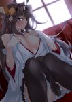  absurdres ahoge backlighting bare_shoulders between_legs black_legwear breasts brown_hair brown_skirt cleavage collarbone couch detached_sleeves dutch_angle frilled_skirt frills hair_intakes hairband headgear highres indoors japanese_clothes kantai_collection kimono kongou_(kantai_collection) large_breasts long_hair long_sleeves looking_at_viewer nebusoku nontraditional_miko on_couch open_clothes open_kimono profile purple_eyes sitting skirt solo sweatdrop thighhighs undressing very_long_hair wide_sleeves window 