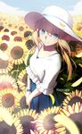  artoria_pendragon_(all) blonde_hair fate/stay_night fate_(series) field flower flower_field green_eyes hat long_hair magicians_(zhkahogigzkh) ponytail saber smile solo sun_hat sunflower 