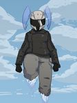  alien armor black_skin blue_hair clothed clothing cloud cybernetics cyborg enemy_quest female feral floater flying hair helmet humanoid jacket leather leather_jacket machine megumi_9x542 not_furry sky solo tgchan unknown_artist 