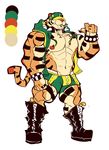  abs anthro boots bracelet bulge clothed clothing collar demondragoncyan feline footwear hat jewelry male mammal muscular pecs shorts spike_collar stripes tiger 