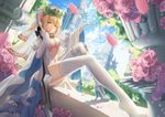  ahoge ass bangs belt blonde_hair blue_sky blurry breasts buckle building center_opening chain church clock closed_mouth cloud covered_nipples day depth_of_field dress eyebrows eyebrows_visible_through_hair fate/extra fate/extra_ccc fate_(series) flower foreshortening gloves green_eyes hair_intakes head_wreath high_heels highleg highleg_leotard highres holding holding_sword holding_weapon key knee_up large_breasts legs leotard lock long_legs long_sleeves looking_at_viewer maomaozi navel nero_claudius_(bride)_(fate) nero_claudius_(fate)_(all) nipple_slip nipples outdoors outstretched_arm padlock pillar pink_flower pink_rose puffy_sleeves rose see-through shadow shoes showgirl_skirt sidelocks single_shoe sitting sky smile solo stomach sword thigh_strap tower veil weapon white_dress white_footwear white_gloves white_legwear white_sleeves wide_sleeves zipper 