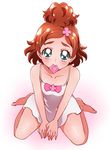  absurdres bad_id bad_pixiv_id condom condom_in_mouth condom_wrapper dress eyebrows go!_princess_precure green_eyes haruno_haruka highres looking_at_viewer mouth_hold precure red_hair sharumon short_hair sitting solo thick_eyebrows wariza white_dress 
