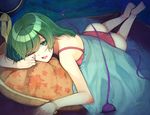  bad_id bad_pixiv_id barefoot green_eyes green_hair hat hat_removed headwear_removed komeiji_koishi lying on_stomach one_eye_closed open_mouth panties pillow red_panties revision scroll_lock_(scrool5) short_hair signature solo third_eye touhou underwear 