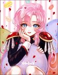  bangs blue_eyes epaulettes eyelashes food hand_on_own_cheek long_hair long_sleeves looking_at_viewer macaron pagaraga parted_bangs parted_lips petals pink_hair rose_petals shoujo_kakumei_utena solo striped striped_background tenjou_utena vertical-striped_background vertical_stripes very_long_hair 