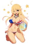  ahoge american_flag american_flag_bikini ball barefoot bba1985 beachball bikini bikini_pull blonde_hair breasts cleavage flag_print front-tie_bikini front-tie_top full_body groin highres holding iowa_(kantai_collection) kantai_collection kneeling large_breasts long_hair navel one_eye_closed open_mouth purple_eyes revision see-through side-tie_bikini simple_background skindentation solo star star-shaped_pupils strap_gap striped striped_bikini swimsuit symbol-shaped_pupils white_background 