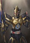  armor belt card helmet kamen_rider kamen_rider_blade kamen_rider_blade_(series) male_focus mutou_riu red_eyes solo sword weapon 