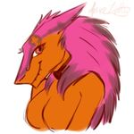  anthro breasts featureless_breasts female hair looking_at_viewer pink_hair sergal sharp_teeth simple_background smile solo spacekitten teeth turkinwif white_background 