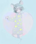  anabone animal_ears cheese cowboy_shot dress food food_print heart heart_of_string hooded_dress long_sleeves mouse_ears mouse_tail nazrin pale_color protected_link red_eyes short_dress short_hair silver_hair simple_background solo tail touhou 