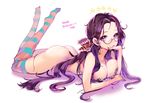 absurdres apron ass breasts cleavage collarbone eyelashes finger_in_mouth full_body hair_ribbon highres imp_(sksalfl132) korean large_breasts legs_up long_hair looking_at_viewer lying naked_apron no_shoes on_stomach original purple_eyes purple_hair ribbon simple_background solo star striped striped_legwear thighhighs very_long_hair 