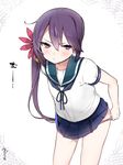  akebono_(kantai_collection) bell blush flower hair_bell hair_between_eyes hair_flower hair_ornament highres jingle_bell kantai_collection leaning_forward long_hair looking_at_viewer mitsudoue panties panty_pull pink_panties pleated_skirt purple_eyes purple_hair school_uniform serafuku side_ponytail skirt solo underwear 