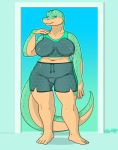  2019 4_toes 5_fingers anthro bedroom_eyes big_breasts breasts clothed clothing crop_top feet female front_view green_eyes green_sclera half-closed_eyes lizard looking_at_viewer midriff navel non-mammal_breasts pinup pose reptile scalie seductive seheno shirt shorts slightly_chubby slit_pupils smile solo standing thick_thighs tight_clothing toes wide_hips wingedwilly 