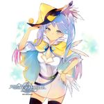  aqua_eyes belt black_legwear blue_hair bracelet breasts cape character_request cleavage copyright_name cowboy_shot dress feathers hat jewelry long_hair lpip medium_breasts multicolored_hair pink_hair smile solo striped_hat tenkuu_no_craft_fleet thighhighs very_long_hair white_dress witch_hat yellow_hat 