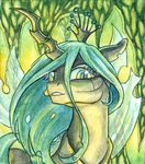  changeling equine female green_eyes hair horn mammal my_little_pony solo spring_green_hair the-wizard-of-art winged_unicorn wings 