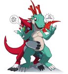  2016 anthro antlers balls blue_eyes claws digimon dracomon duo english_text fondling hi_res horn male male/male narse penis red_eyes shoutmon simple_background text white_background 
