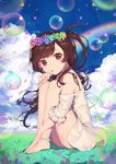  acidear anklet bare_legs bare_shoulders barefoot blush brown_hair bubble_blowing dress flower hair_flower hair_ornament head_wreath highres jewelry knees_to_chest leg_hug long_hair looking_at_viewer one_side_up original red_eyes sitting soap_bubbles solo white_dress 