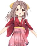  :d alternate_costume amano_kouki anchor bow brown_eyes cosplay hair_bow hakama high_ponytail highres japanese_clothes kamikaze_(kantai_collection) kamikaze_(kantai_collection)_(cosplay) kantai_collection kimono light_brown_hair long_hair looking_at_viewer meiji_schoolgirl_uniform open_mouth pink_hakama pink_skirt ponytail revision simple_background skirt smile solo white_background yellow_bow zuihou_(kantai_collection) 