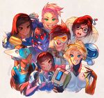  ;) bastion_(overwatch) beads blush bow commentary d.va_(overwatch) dark_skin english_commentary facial_mark glasses goggles grin hair_ornament hair_stick happy headphones heart heart_hands looking_at_viewer mei_(overwatch) mercy_(overwatch) multiple_girls nana_nakano odd_one_out one_eye_closed overwatch pharah_(overwatch) robot scar smile snowball_(overwatch) symmetra_(overwatch) tracer_(overwatch) undercut visor whisker_markings widowmaker_(overwatch) wince zarya_(overwatch) 