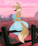  anthro big_butt blinky_bill_(series) breasts butt canid canine canis clothing cocaine-leopard daisy_dingo dingo female fence jeans lipstick long_tail makeup mammal outback pants side_boob sitting solo thong transparent_topwear whale_tail 