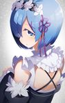  bare_shoulders blue_eyes blue_hair blush detached_sleeves flower from_behind hair_flower hair_ornament hair_over_one_eye ika looking_at_viewer looking_back maid re:zero_kara_hajimeru_isekai_seikatsu rem_(re:zero) revision short_hair solo x_hair_ornament 