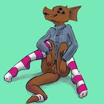  6_eyes alien bika black_eyes bottomless brown_fur butt clothed clothing enemy_quest female fur horn invalid_tag legwear mammal open_mouth pussy simple_background skut smile socks solo striped_legwear striped_socks stripes sweater teeth tgchan tongue unknown_artist 
