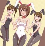 :d ;d animal_ears black_leotard bob_cut breasts brown_eyes brown_hair bunny_ears bunny_tail bunnysuit cleavage collar collarbone covered_navel futami_ami futami_mami hagiwara_yukiho hair_ornament idolmaster idolmaster_(classic) leotard lieass long_hair looking_at_viewer medium_breasts multiple_girls one_eye_closed open_mouth pantyhose short_hair side_ponytail small_breasts smile strapless strapless_leotard tail 