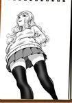  absurdres ass_visible_through_thighs commentary curly_hair from_below hands_in_pockets highres long_hair monochrome nakahara_kaihei panties sketchbook skirt solo sweatshirt thighhighs thighs traditional_media underwear white_background 