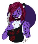  anthro blood cheetah clothed clothing collar dotsfa fangs feline female hair hair_over_eye knife looking_at_viewer mammal open_mouth simple_background solo teeth tongue 