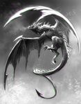  ambiguous_gender claws flying greyscale kawiku long_tail monochrome outside sky solo spikes teeth torn_wings wings wyvern 
