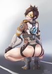  artist_name ass biting brown_hair earrings from_behind gloves goggles highres jacket leslyzerosix lip_biting looking_at_viewer looking_back overwatch panties shiny_skin short_hair solo spiked_hair squatting tracer_(overwatch) web_address 